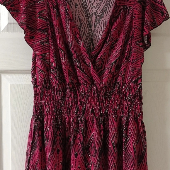 Ace Fashion Tops - V-Neck Smocked Waist Flutter Sleeve Blouse in Magenta Pattern